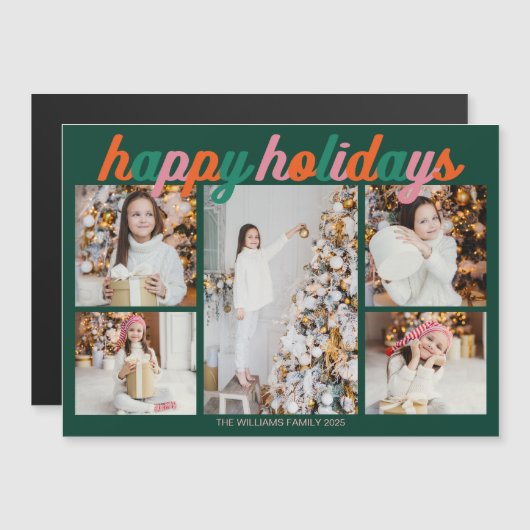 Retro Happy Holidays Cute Green Photo Magnet Card (正面/裏面)