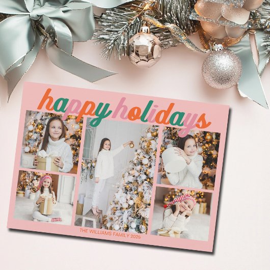 Retro Happy Holidays Pink Photo Collage シーズンカード