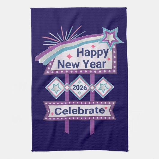 Retro Happy New Year Sign – Celebrate Marquee キッチンタオル (縦)