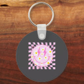 Retro Happy Smile Face Checkered Pattern Nk Daisy  キーホルダー (正面)