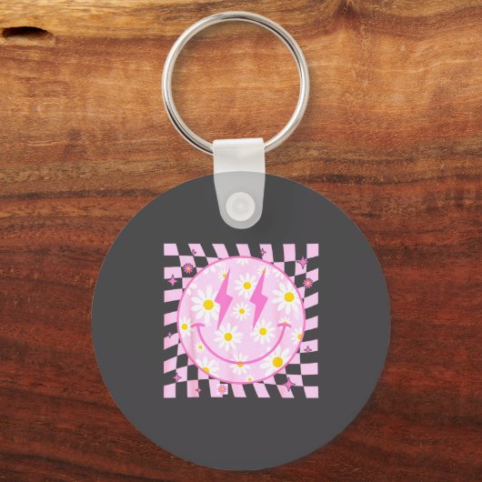 Retro Happy Smile Face Checkered Pattern Nk Daisy  キーホルダー (正面)