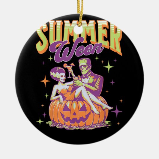 Retro Happy Summerween Funny Frankenstein Monster  セラミックオーナメント (正面)