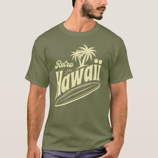 Retro Hawaii Vibes with Palm Trees and Surfboard  Tシャツ (正面)