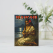 Retro Hawaiian Girl & Ukulele At Moonlit Beach ポストカード (スタンド正面)