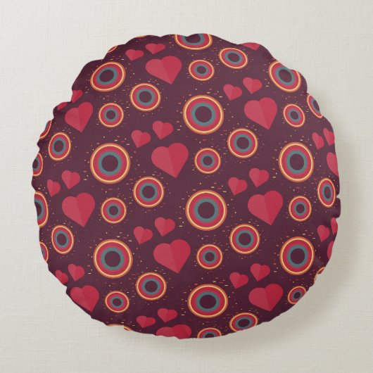 Retro Hearts and Circles Pattern ラウンドクッション (正面)