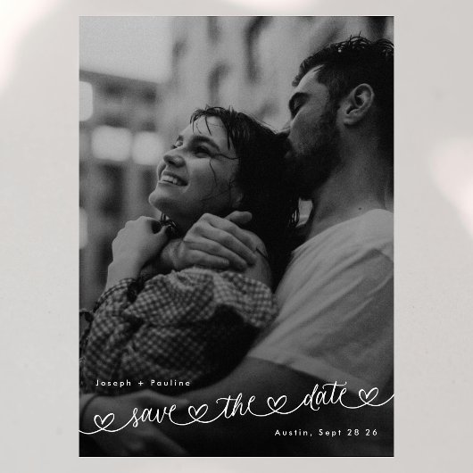 Retro Hearts Black White Photo Modern Wedding セーブザデート