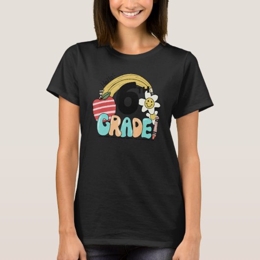 Retro Hello 6th Grade Floral Rainbow Sixth Grade T Tシャツ (正面)