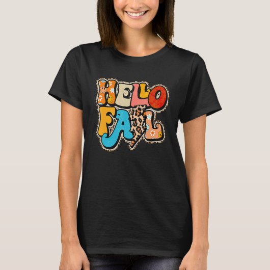 Retro Hello Fall Leopard Groovy Fall Autumn Seaso Tシャツ (正面)