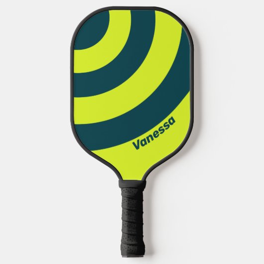Retro HI VIS Yellow Three Circle Stripe with Name ピックルボールラケット (正面)