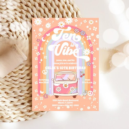 Retro Hippie 10th Birthday Invitation 招待状