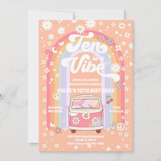 Retro Hippie 10th Birthday Invitation 招待状 (正面)