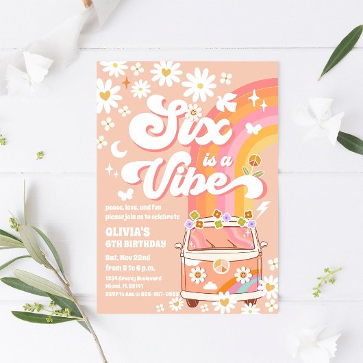 Retro Hippie 6th Birthday Invitation 招待状