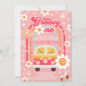 Retro Hippie Daisy Rainbow Groovy One 1st Birthday 招待状 (正面)