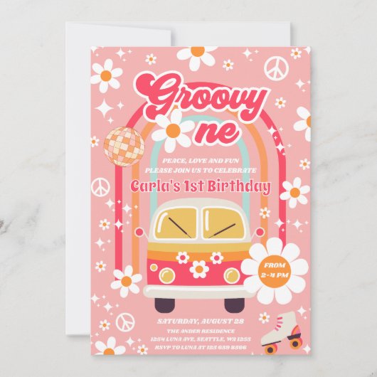 Retro Hippie Daisy Rainbow Groovy One 1st Birthday 招待状 (正面)