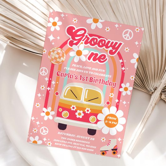 Retro Hippie Daisy Rainbow Groovy One 1st Birthday 招待状