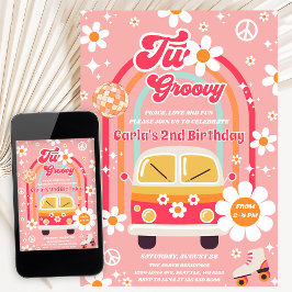 Retro Hippie Daisy Rainbow Two Groovy 2nd Birthday 招待状