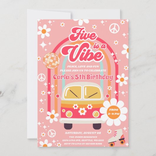 Retro Hippie Rainbow Five is a Vibe 5th Birthday 招待状 (正面)