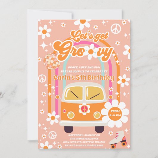 Retro Hippie Rainbow Let's Get Groovy 5th Birthday 招待状 (正面)