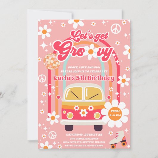 Retro Hippie Rainbow Let's Get Groovy 5th Birthday 招待状 (正面)