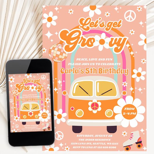 Retro Hippie Rainbow Let's Get Groovy 5th Birthday 招待状