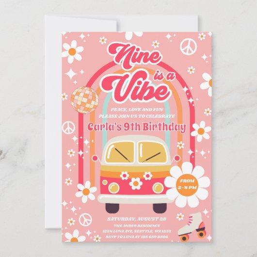 Retro Hippie Rainbow Nine Is A Vibe 9th Birthday 招待状 (正面)
