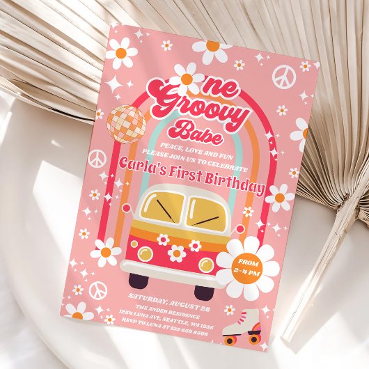 Retro Hippie Rainbow One Groovy Babe 1st Birthday 招待状