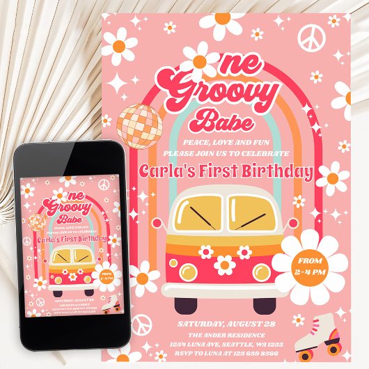 Retro Hippie Rainbow One Groovy Babe 1st Birthday 招待状