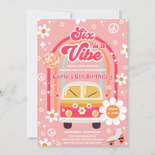 Retro Hippie Rainbow Six Is A Vibe 6th Birthday 招待状 (正面)