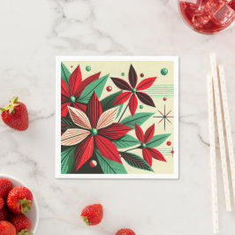 Retro Holiday Poinsettia Mid Century Découpage スタンダードカクテルナプキン