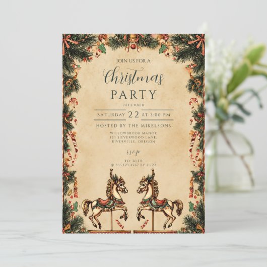 Retro Holiday Rocking Horse Christmas 招待状 (スタンド正面)
