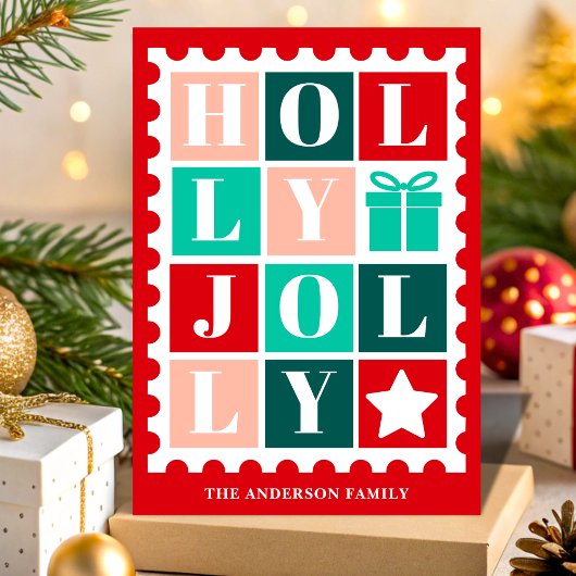 Retro Holly Jolly Christmas Postage Stamp シーズンカード
