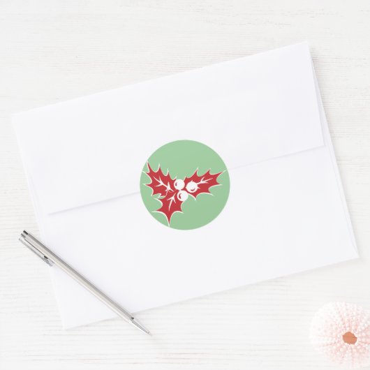 Retro Holly Leaves and Berries Holiday Stickers ラウンドシール (封筒)