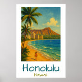 Retro Honolulu Hawaii Waikiki Beach ポスター (正面)