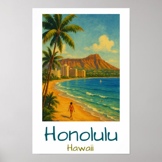 Retro Honolulu Hawaii Waikiki Beach ポスター (正面)