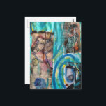 Retro Horse, Donkey, and a Doll Unique Mixed Media ポストカード<br><div class="desc">A random collage of vintage textbook papers and a vintage horse,  a vintage donkey,  and a doll on a blue background</div>