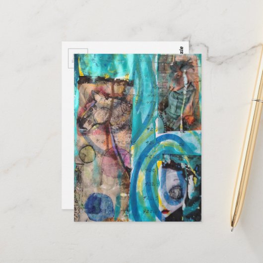 Retro Horse, Donkey, and a Doll Unique Mixed Media ポストカード (正面/裏面インサイチュ)