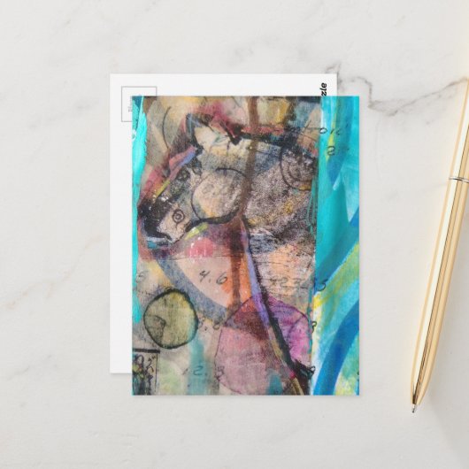 Retro Horse on a Blue Background Mixed Media ポストカード (正面/裏面インサイチュ)