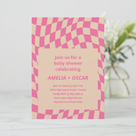 Retro Hot Pink Abstract Checkerboard Baby Shower 招待状