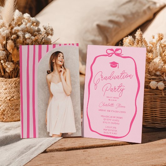 Retro Hot Pink Coquette Bow photo graduation 招待状