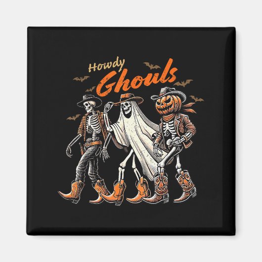 Retro Howdy Ghouls Skeleton Cowboy Western Rodeo H マグネット (正面)