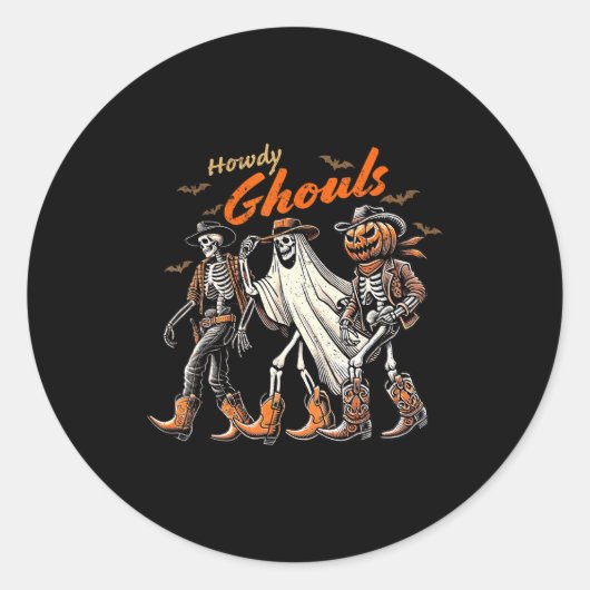Retro Howdy Ghouls Skeleton Cowboy Western Rodeo H ラウンドシール (正面)