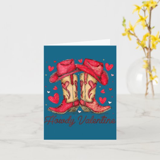 Retro Howdy Valentine Cowboy Boots Western Valenti カード (黄色い花)