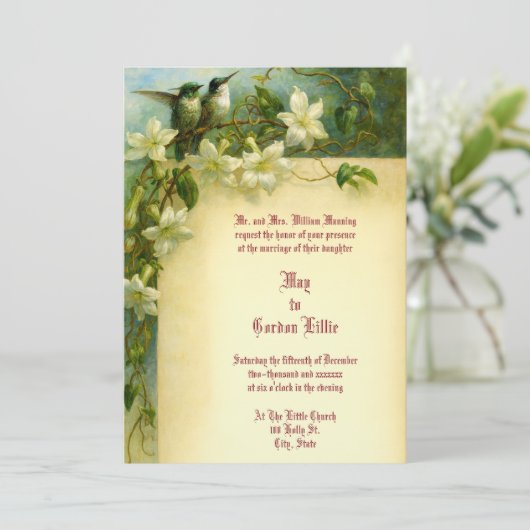 Retro Hummingbird Pair Floral Wedding 招待状 (スタンド正面)