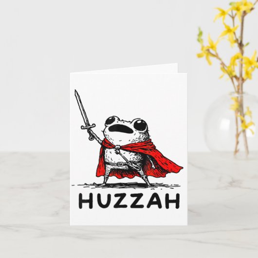 Retro Huzzah Frog Knight Funny Sword Meme Quote  カード (黄色い花)