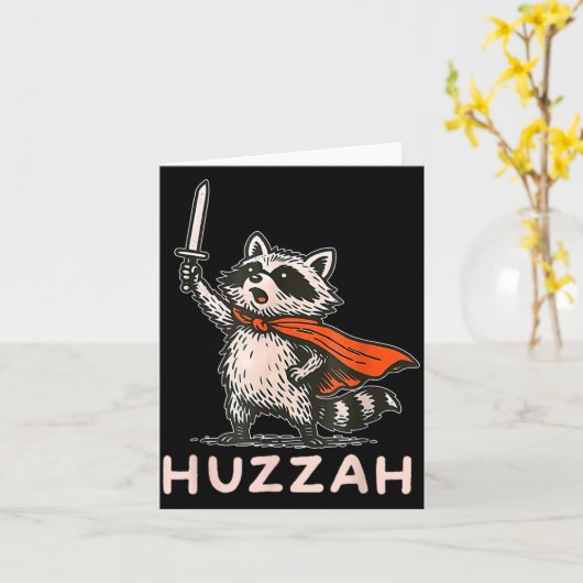 Retro Huzzah Raccoon Knight Funny Sword Meme Quote カード (黄色い花)