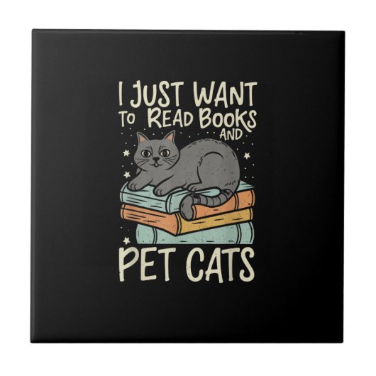 Retro I Just Want to Read Books and Pet Cats Cat タイル (正面)