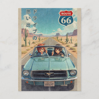 Retro Japanese Anime Girl on Route 66 Vintage Post シーズンポストカード