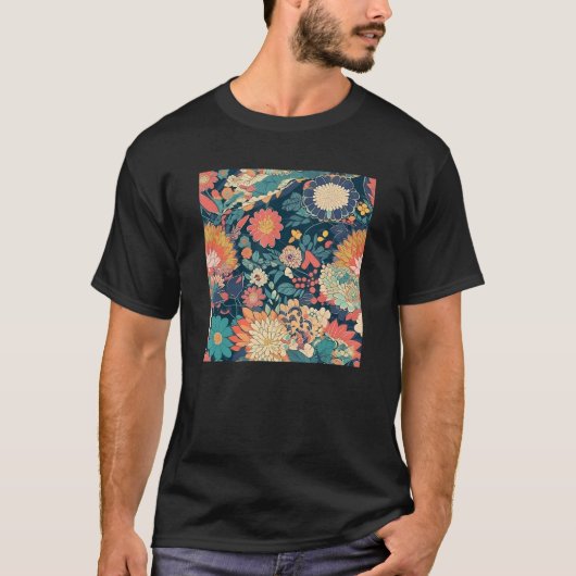 Retro Japanese Flower Woodblock Abstract Floral Pa Tシャツ (正面)
