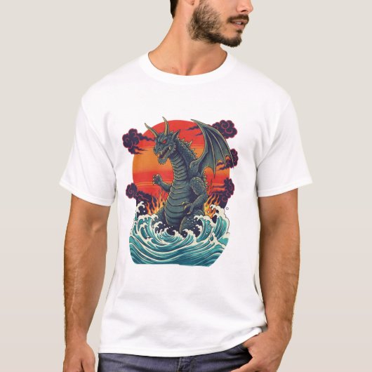 Retro Japanese Monster Great Wave Sunset Tシャツ (正面)
