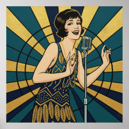 Retro Jazz Singer Poster Blue and Gold Vintage ポスター